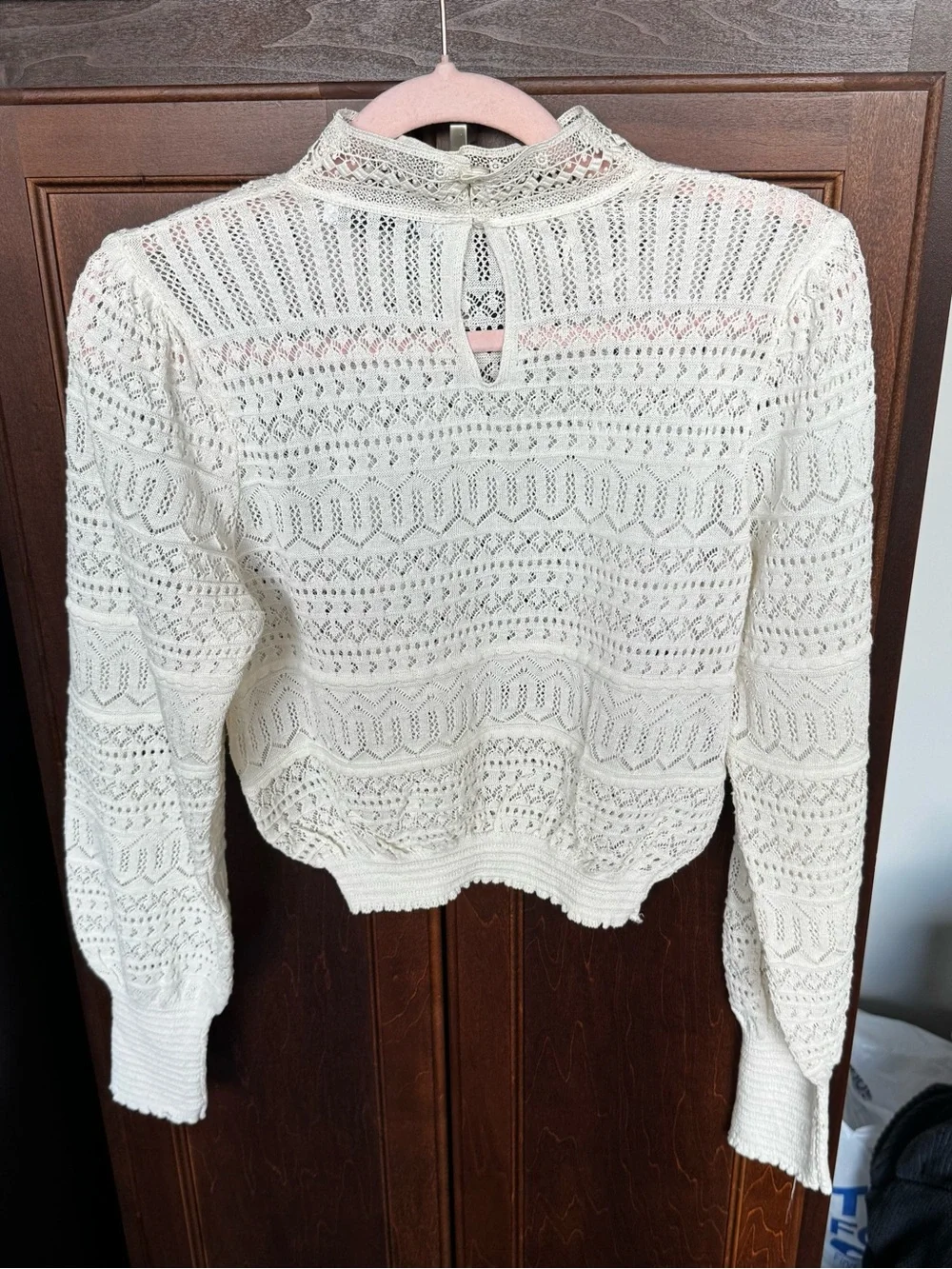 Zara Cream Pointelle Openwork Lace High Neck Sweater S⁠